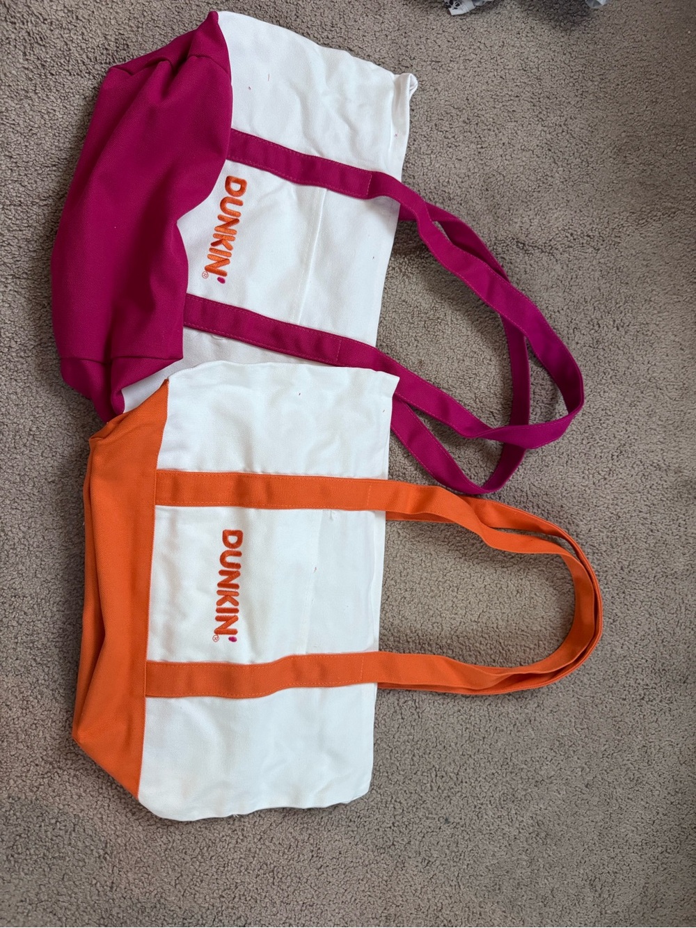 2 Dunkin Canvas Tote Bag - White with Orange and Pink Accent